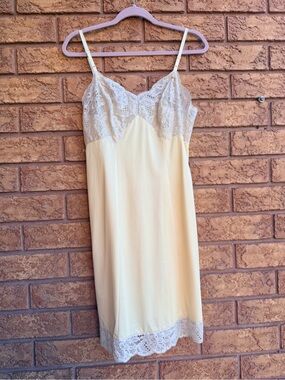 Vintage Pastel Yellow Full Slip Dress with Floral Lace Bodice